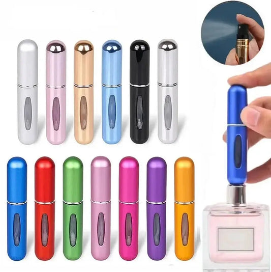 Colorful portable refillable perfume atomizer bottles for travel, shown in various sizes with a person refilling a blue atomizer.