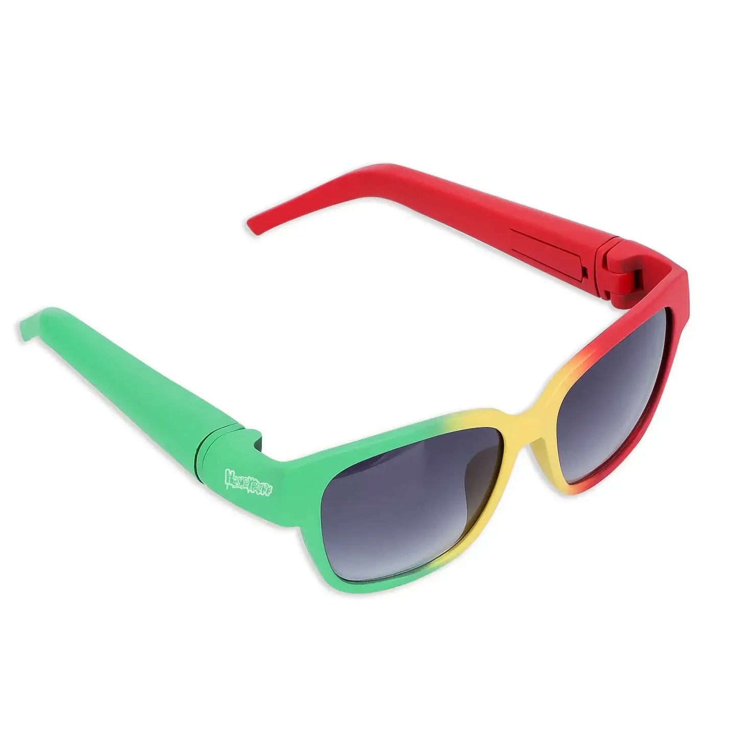 Colorful sunglasses with hidden storage compartment, featuring green, yellow, and red frames for discreet smoking accessory.