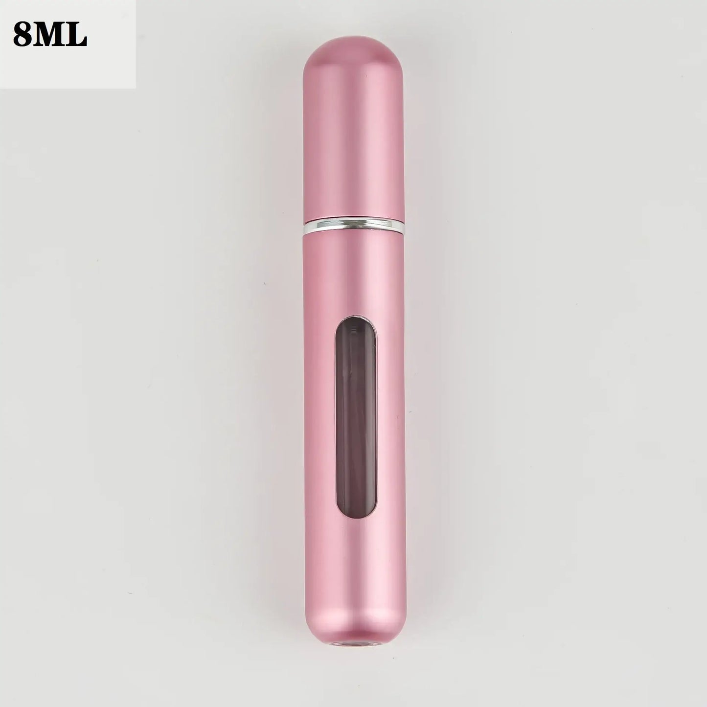 Pink 8ml refillable perfume atomizer bottle with window, compact and portable for easy travel.