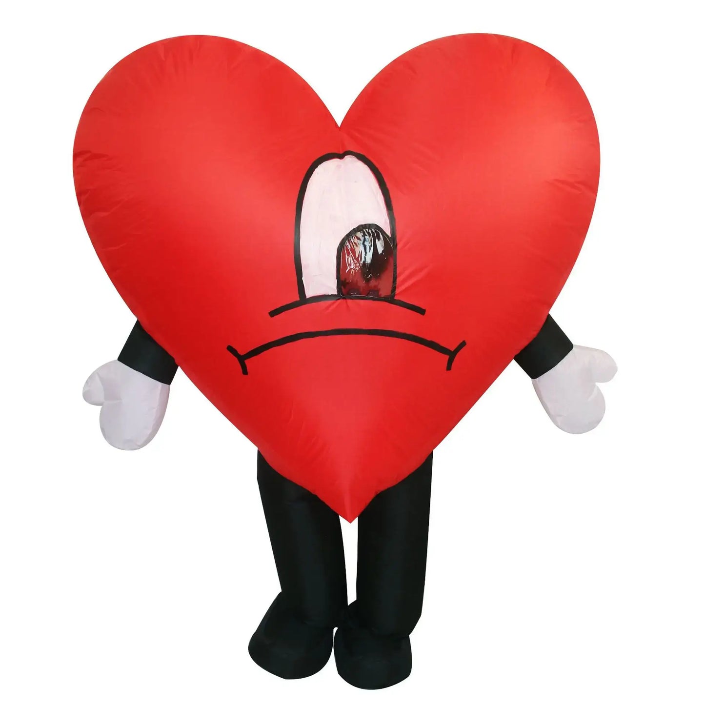 Inflatable heart costume with arms and legs, perfect for parties and events. Durable polyester material and easy inflation.