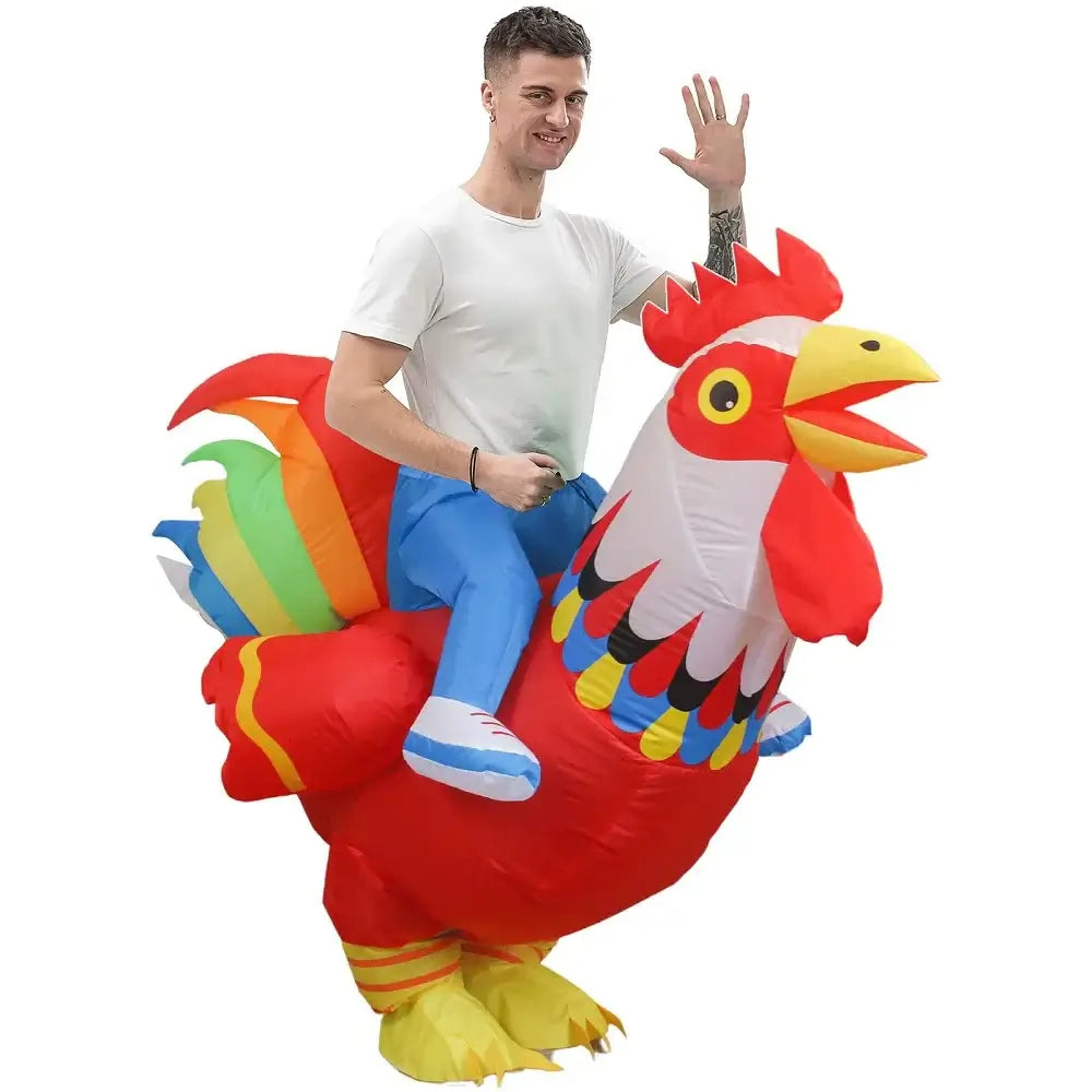 Adult wearing inflatable rooster costume with vibrant colors, perfect for festivals and parties.