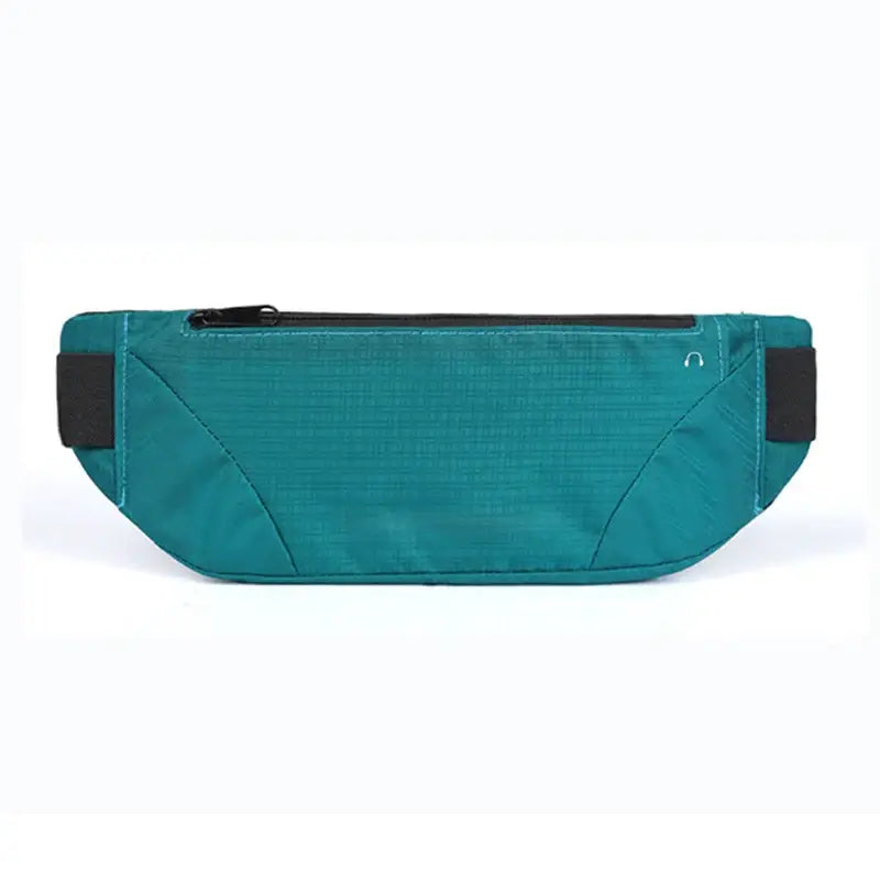 Waterproof teal waist pack with phone pocket, perfect for festivals and parties. Durable polyester, 32x11cm size, stylish and secure.