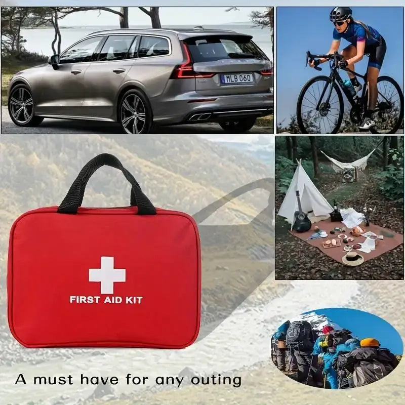 Red 184pcs First Aid Kit with black handle, ideal for outdoor activities like cycling, camping, and hiking, enhancing safety during outings.