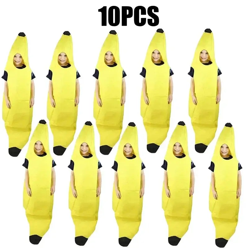 Ten unisex adult banana costumes for parties and festivals, made from comfortable polyester, displayed in a neat arrangement.