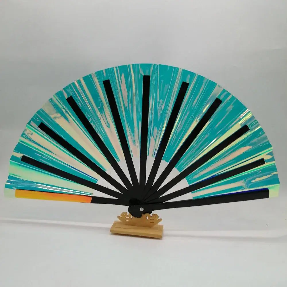 Gradient laser color hand fan with bamboo handle, large size, perfect for dance and disco events, showcasing vibrant colors.