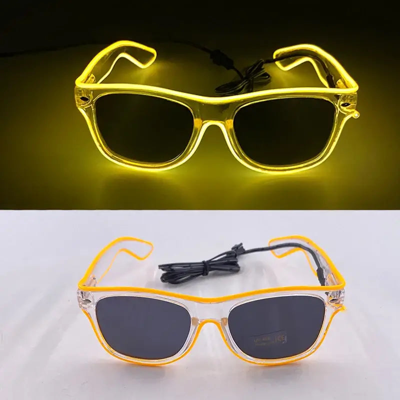 LED glasses with vibrant yellow EL wire design for parties, featuring glowing and flashing modes, displayed against black and white backgrounds.