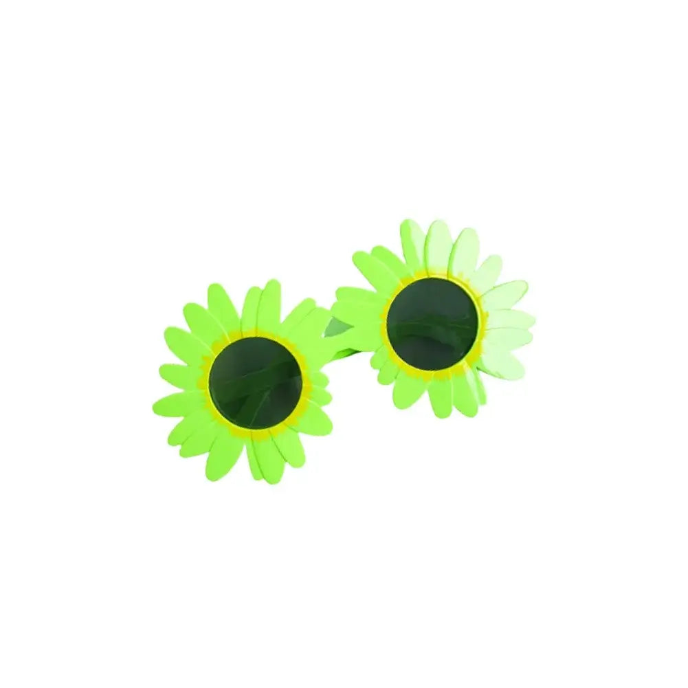 Bright green sunflower-shaped sunglasses for festivals and parties, fun and unique accessory with UV400 protection.