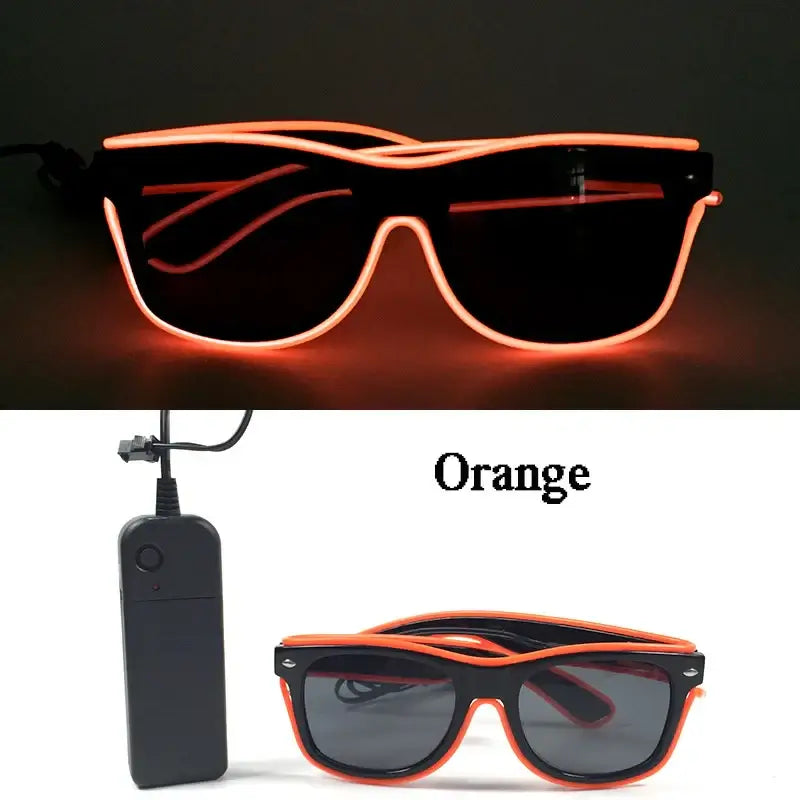 Glowing orange LED rave glasses with EL wire design and battery pack, perfect for parties and festivals.