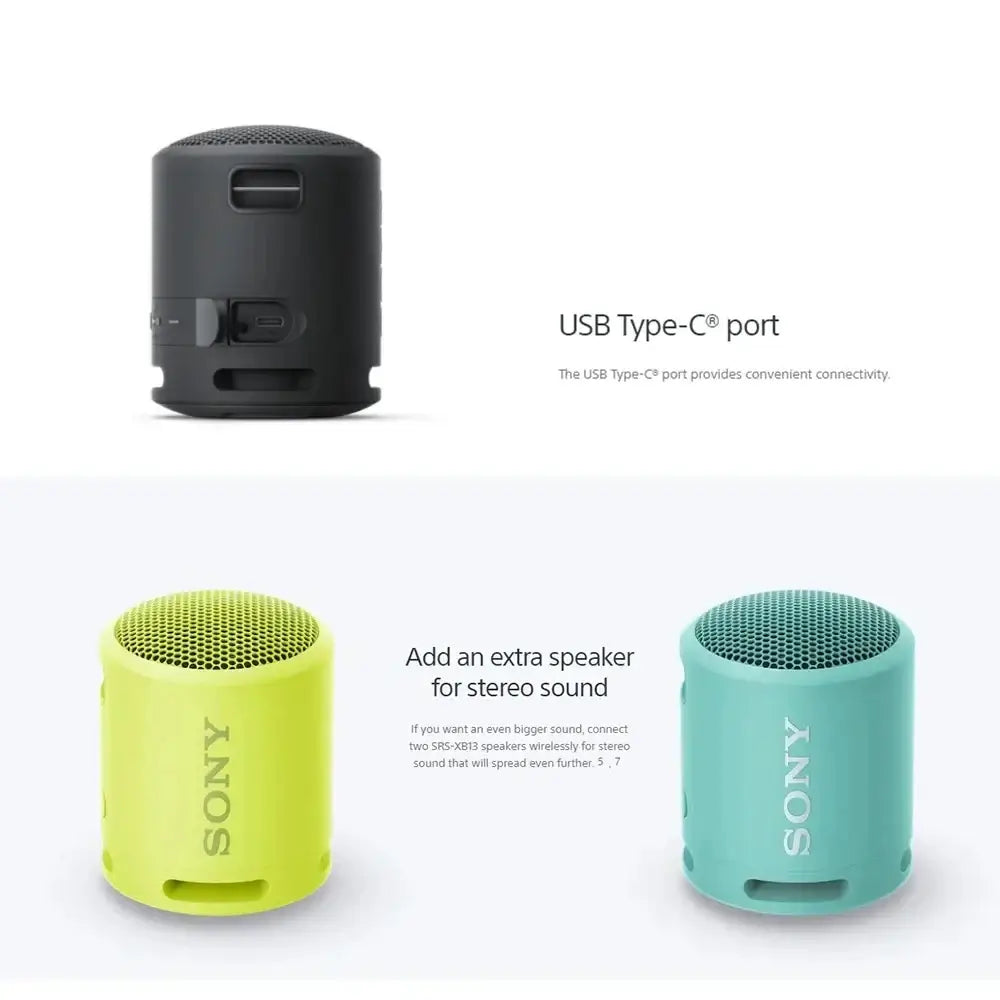 Sony XB13 EXTRA BASS Portable Bluetooth Speakers in black, yellow, and teal, featuring USB Type-C port, waterproof IP67 design.