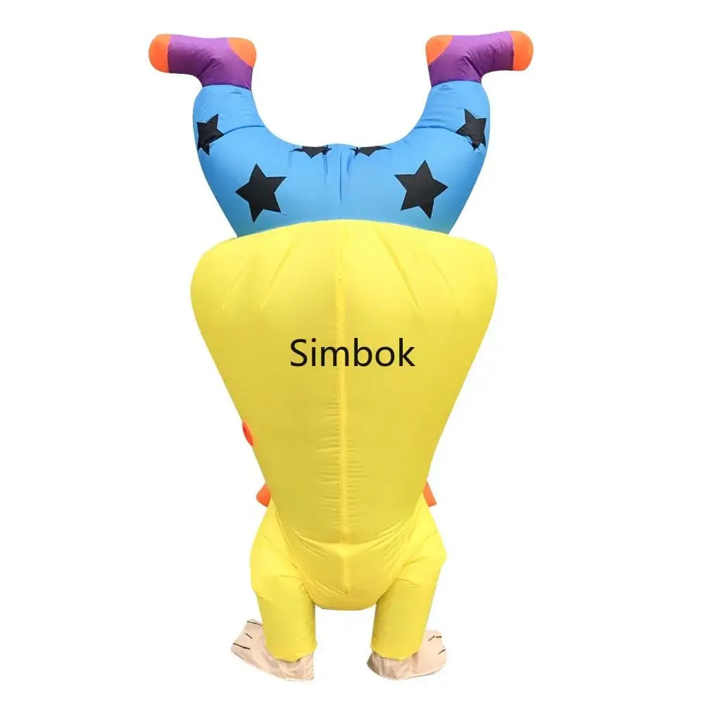 Vibrant inflatable clown costume for adults with star patterns, ideal for festivals and celebrations, shown in yellow and blue design.