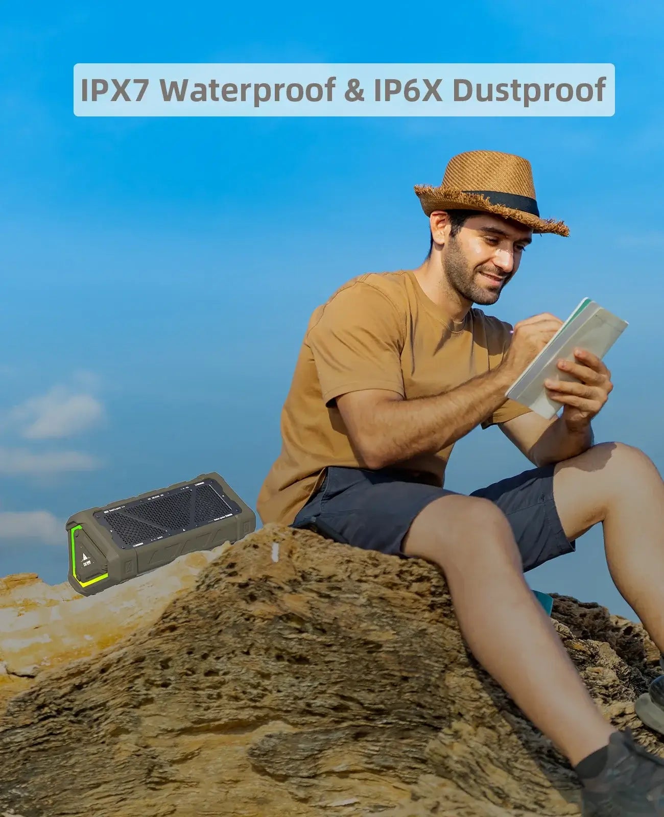 Man enjoying music on MLOVE P3 Bluetooth speaker, sitting on a rock, highlighting IPX7 waterproof and IP6X dustproof features.