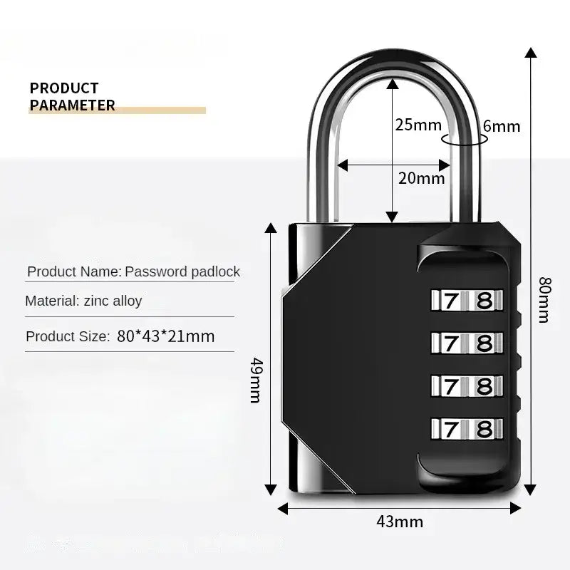 Heavy duty 4-digit resettable combination padlock with zinc alloy construction and product dimensions for security and outdoor use.