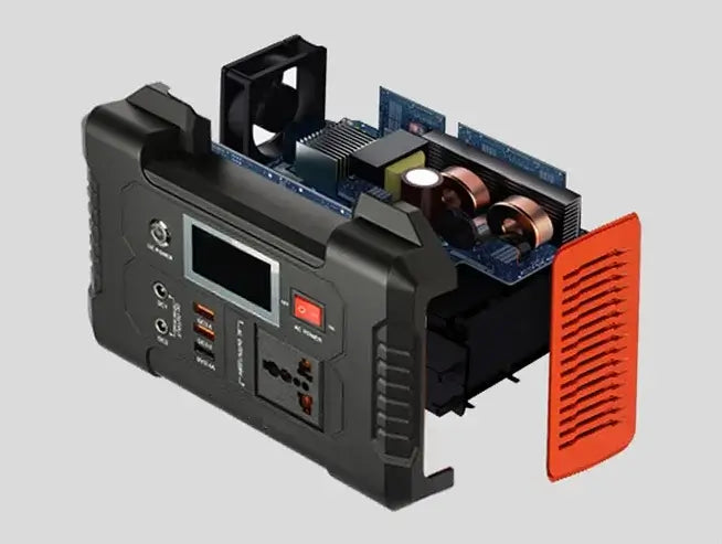 Portable power station interior view showcasing components and solar charging capability for camping.