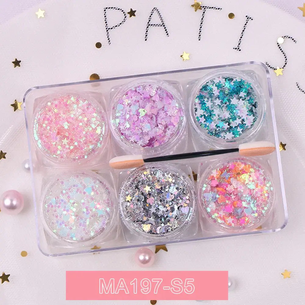 6 jars of glitter gel with stars, hearts, and moon sequins for festival makeup on face, hair, and body.