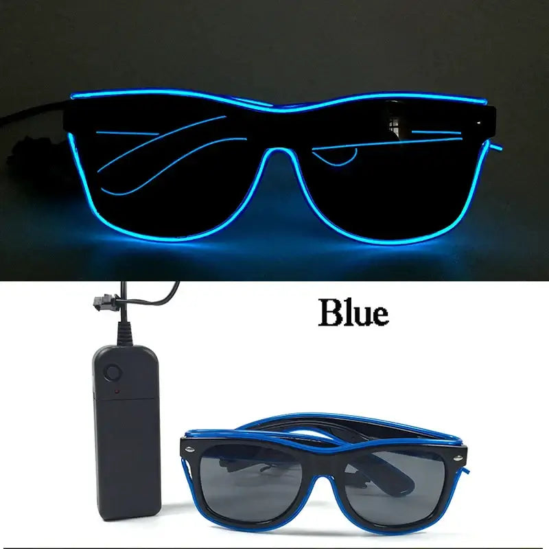 Blue LED glowing rave glasses with battery pack and vibrant EL wire design for parties and events.