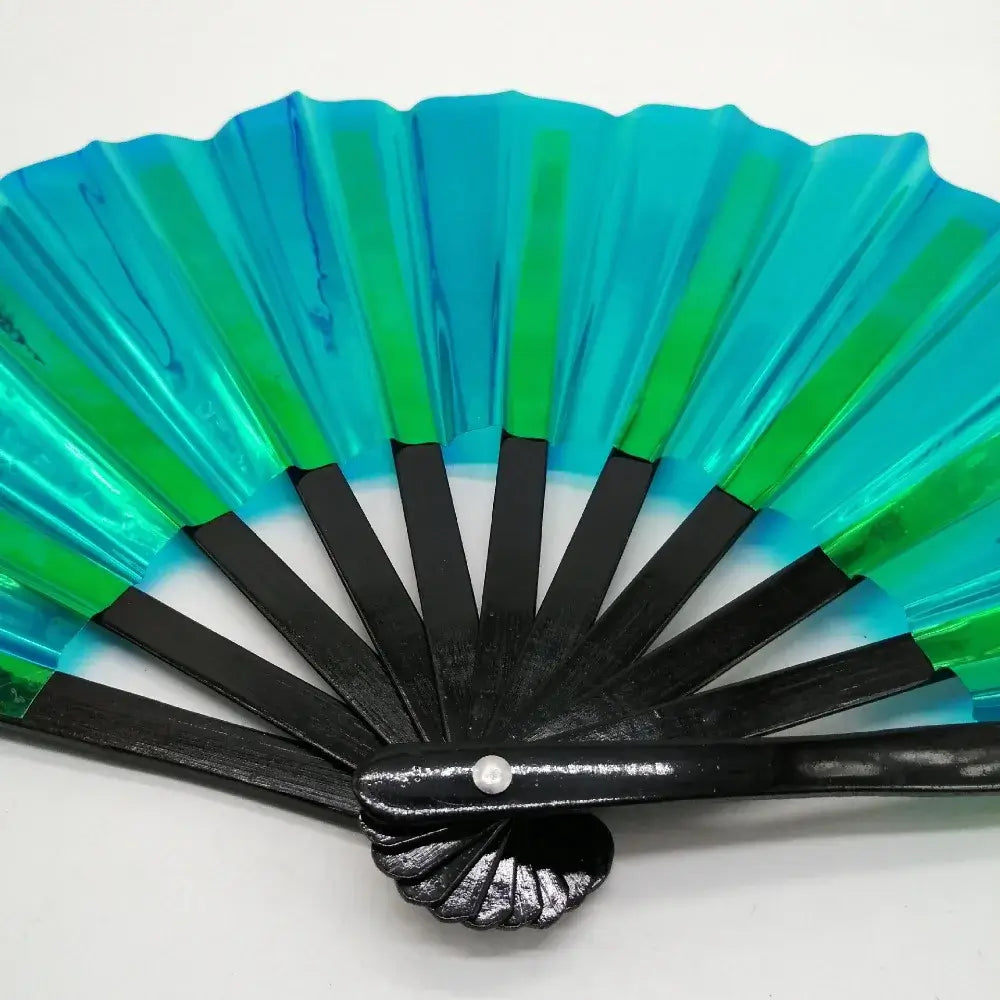 Gradient laser color kung fu hand fan with PVC bamboo handle, ideal for dance and disco, featuring vibrant green and blue hues.