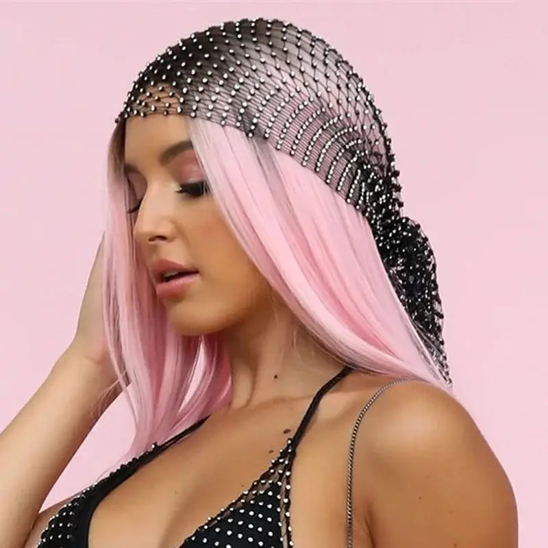 Woman wearing crystal rhinestone fishnet headscarf, perfect for hip hop streetwear and festivals.