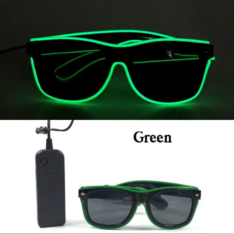 Green glowing LED glasses with EL wire design and battery pack, perfect for parties and celebrations, featuring multiple flashing modes.