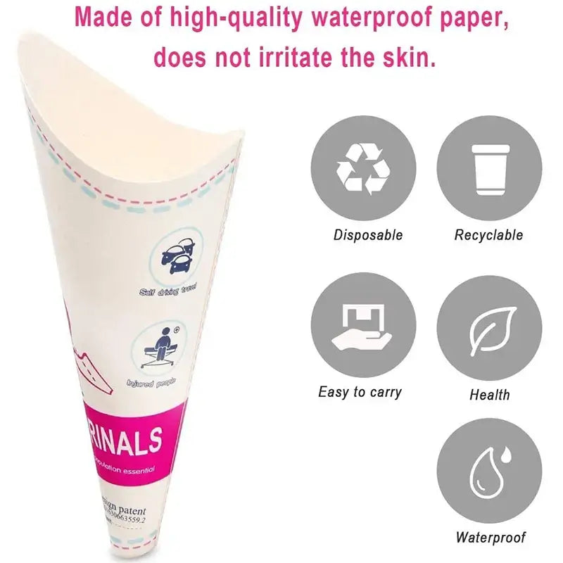 Disposable female urinal funnel made from high-quality waterproof paper, recyclable and easy to carry for hygienic use.