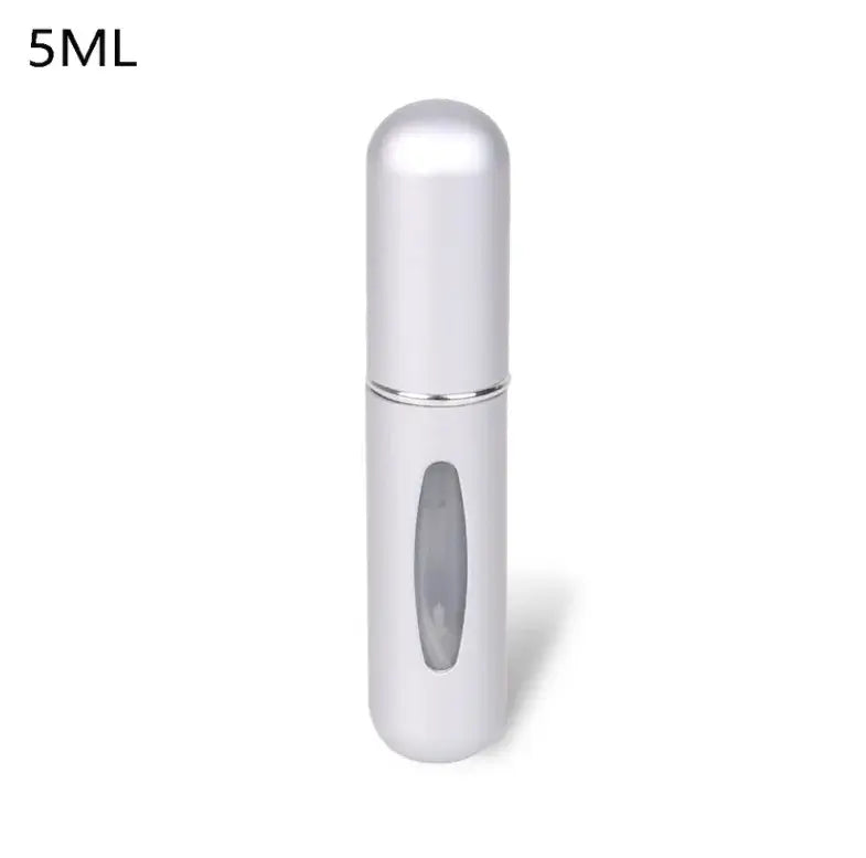 Silver 5ml portable refillable perfume atomizer bottle with viewing window, ideal for travel and daily use.