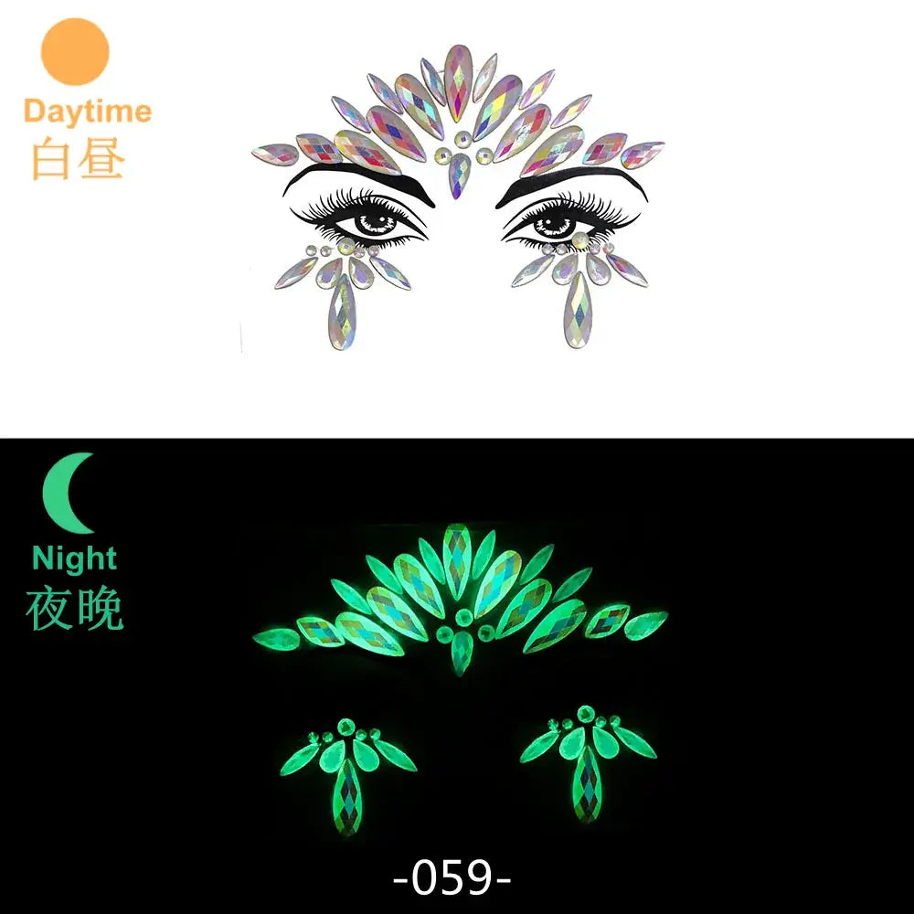 3D glowing rhinestone face stickers for festival makeup, showing daytime and night UV light effects, perfect for parties and events.