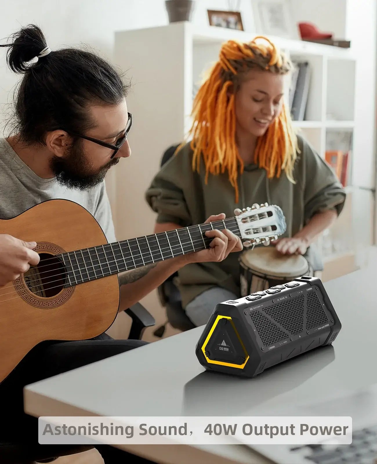 MLOVE P3 Bluetooth Speaker, 40W output showcased in a music session with guitarist and percussionist, emphasizing powerful sound.