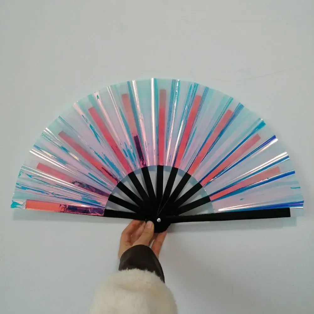 Gradient laser color kung fu hand fan with PVC bamboo handle, large size, ideal for dance and disco events.