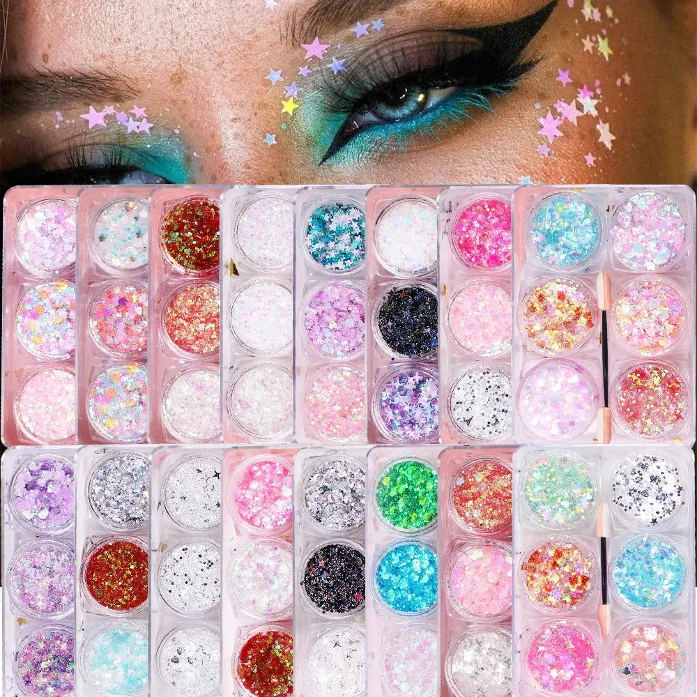 Glitzergel-Set mit 6 Gläsern – Pailletten für Gesicht, Haare und Körper für Festival-Make-up 🍄