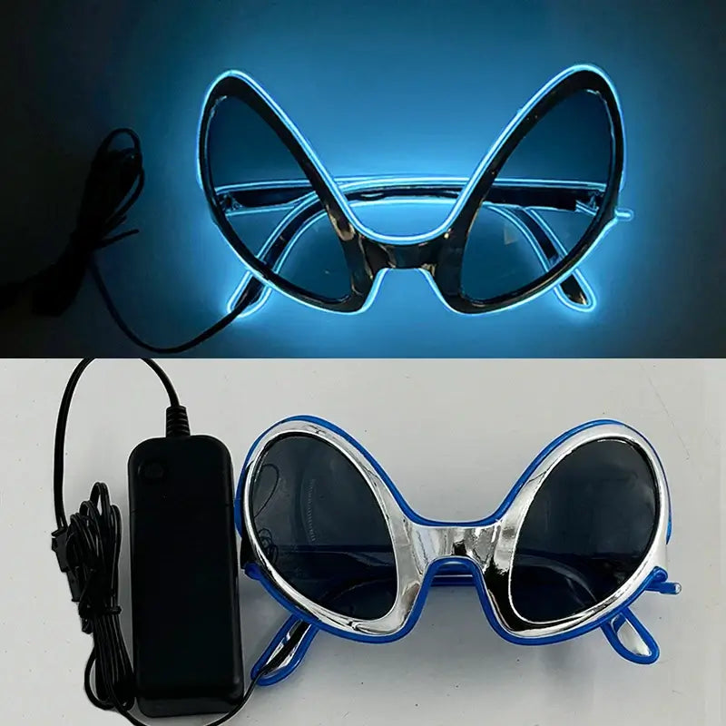 LED rave glasses with vibrant glow and blue EL wire design, featuring steady and flashing modes, powered by AA battery pack.