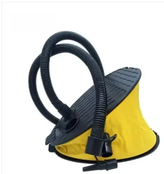 Yellow portable foot pump with black hose for inflating camping gear and pool toys, featuring compact, lightweight design.