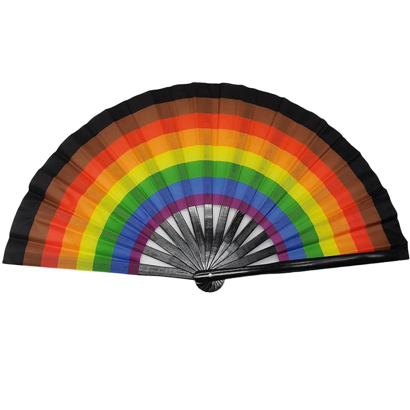 Vibrant gradient reflective handheld fan with rainbow colors for festival and dance performances.