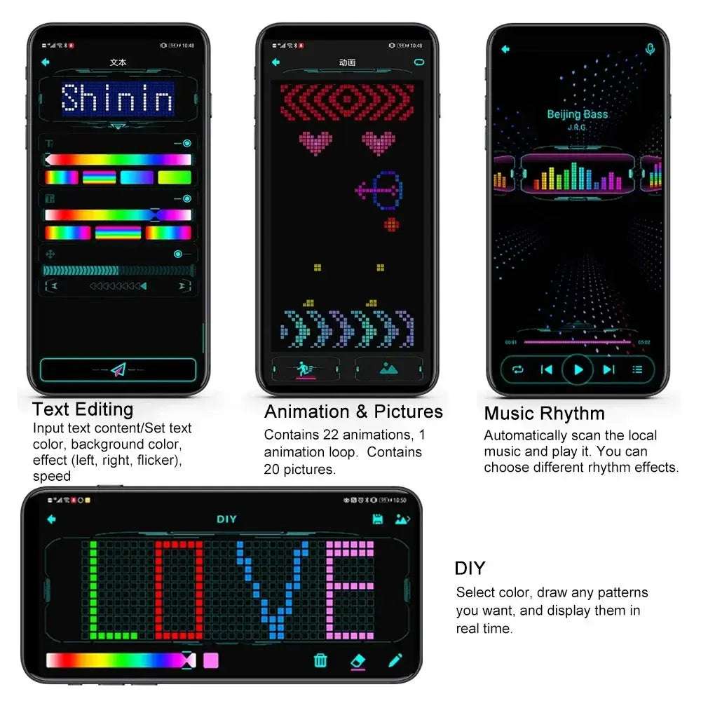 App interface for Bluetooth LED glow glasses showing text editing, animations, music rhythm sync, and DIY design features.