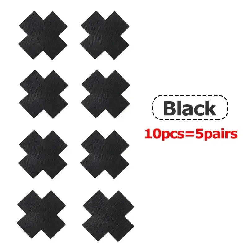 Black cross-shaped nipple covers, 10 pieces (5 pairs), stylish silk pasties for seamless invisible support in sheer outfits.