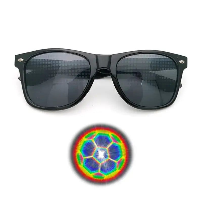 Black diffraction sunglasses with holographic effect, ideal for raves and light shows.