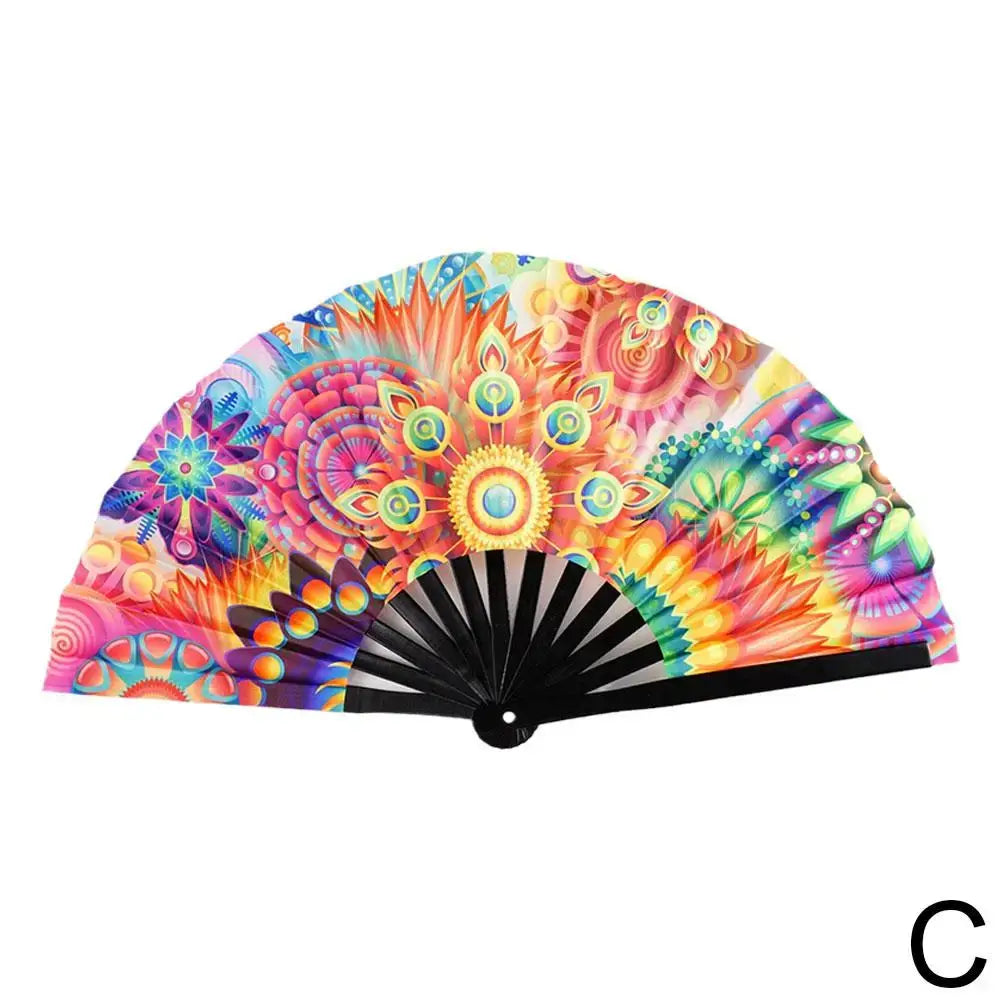 Colorful gradient reflective rave fan with bamboo ribs, perfect for festivals and parties, folds for easy portability.