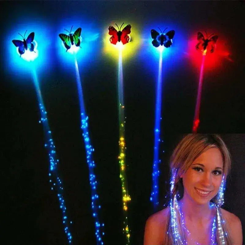 Colorful butterfly LED hair braids glowing in the dark, perfect for parties and prom, worn by smiling woman with luminous effect.