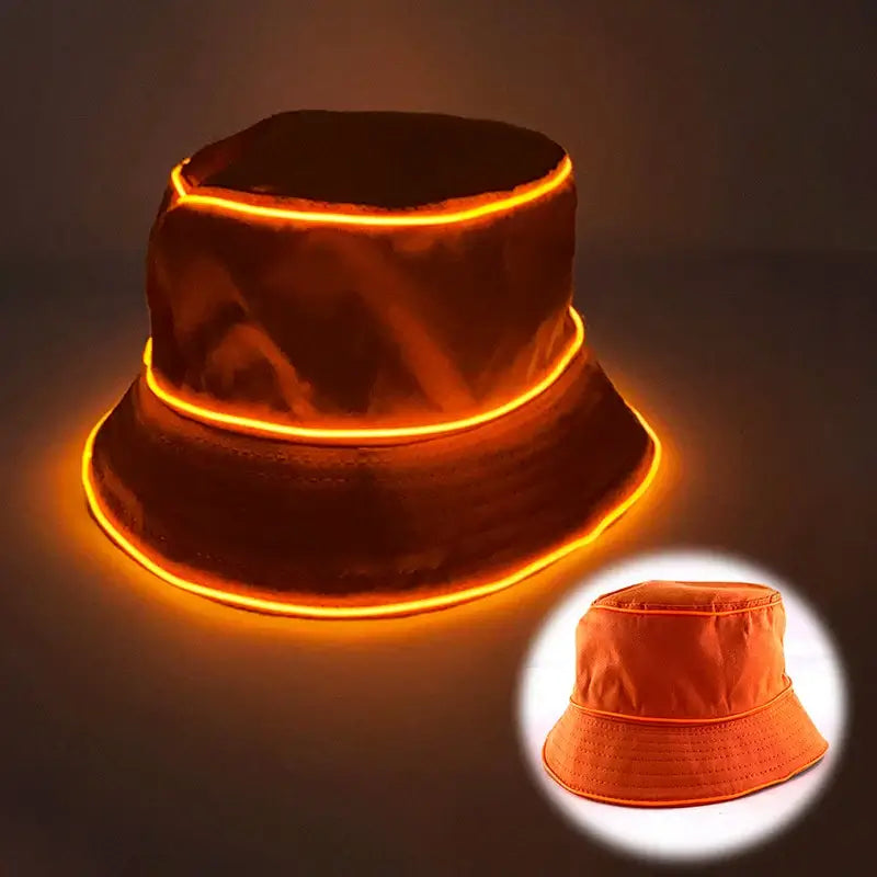 LED glowing bucket hat in neon orange, perfect for parties and outdoor events. Stylish, comfortable, and available in multiple colors.