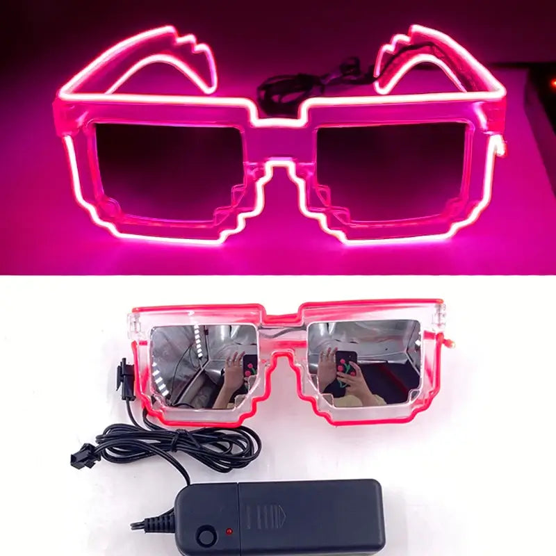 Neon pink LED rave glasses with EL wire design and battery pack, perfect for glowing party decor and celebrations.