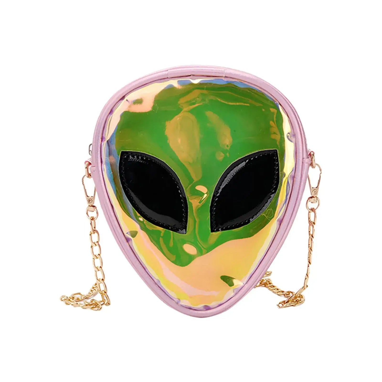 Alien head jelly shoulder bag with gold chain, transparent design, ideal for raves, festivals, and parties. Trendy fashion statement accessory.