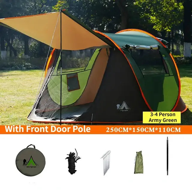 Ultralight automatic pop-up camping tent in army green for 3-4 people, shown with accessories and dimensions, set up outdoors.