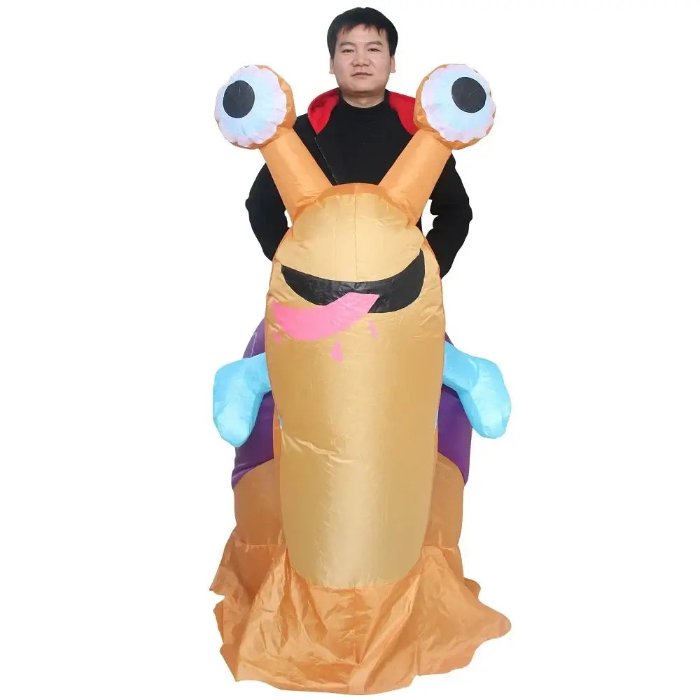 Man wearing a colorful inflatable snail costume perfect for festivals, carnivals, and events, made from durable polyester.