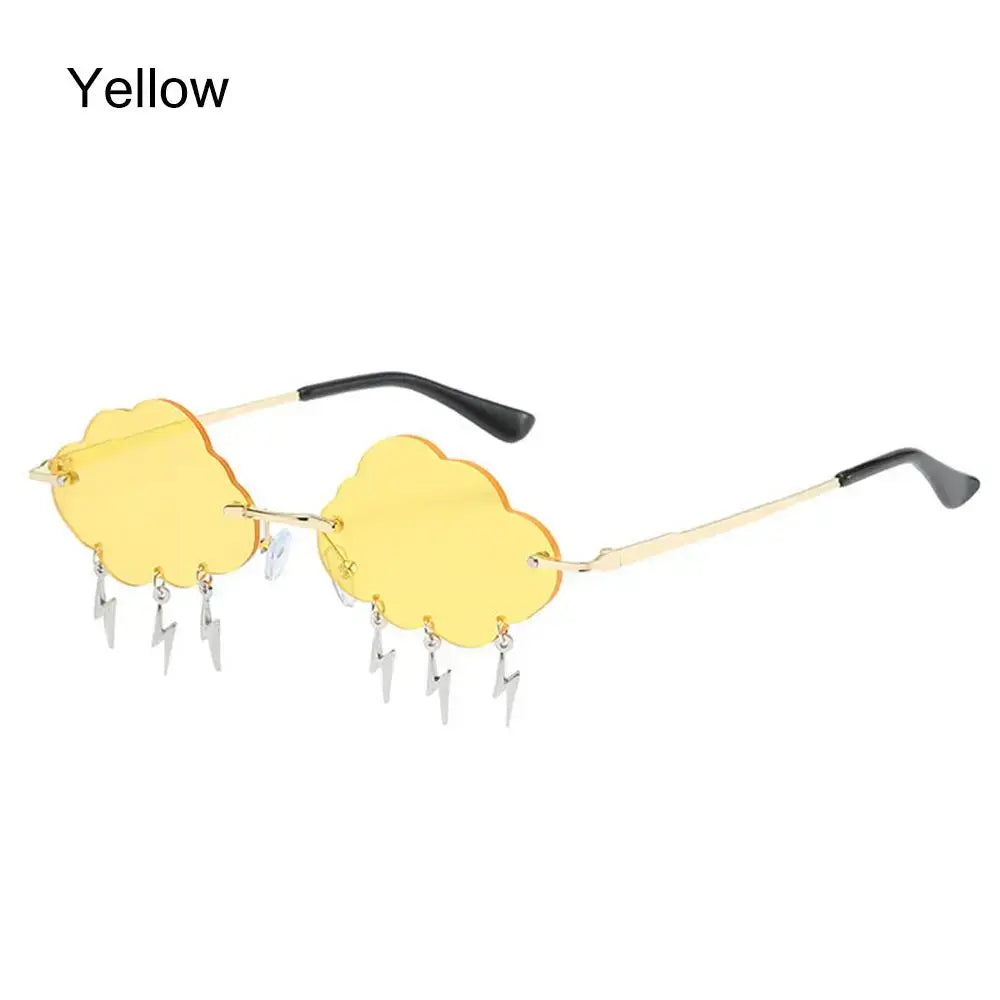 Yellow retro cloud-shaped sunglasses with lightning bolt design and colorful rimless frame, perfect for 90s disco party styling.