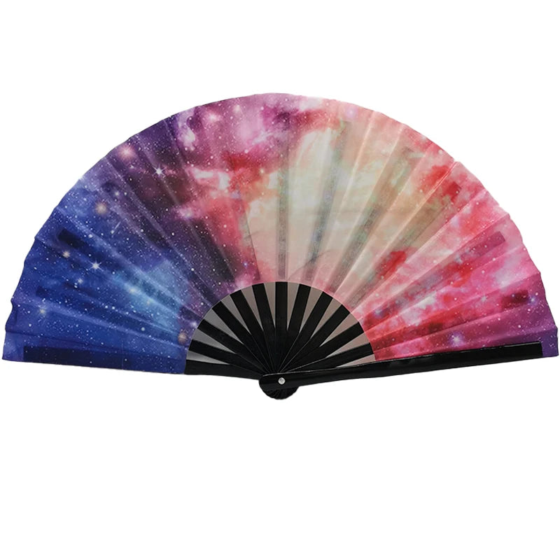 Gradient reflective foldable fan with vibrant colors, ideal for festivals and dance performances, featuring a cosmic design.