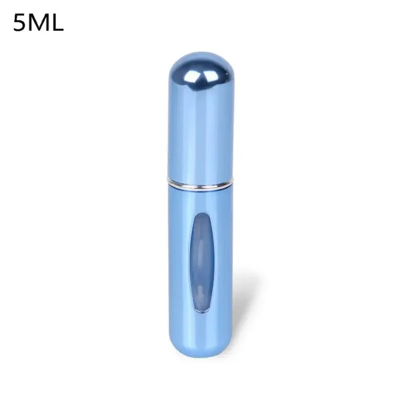 Blue 5ml portable refillable perfume atomizer bottle, compact for travel, with visible inner chamber.