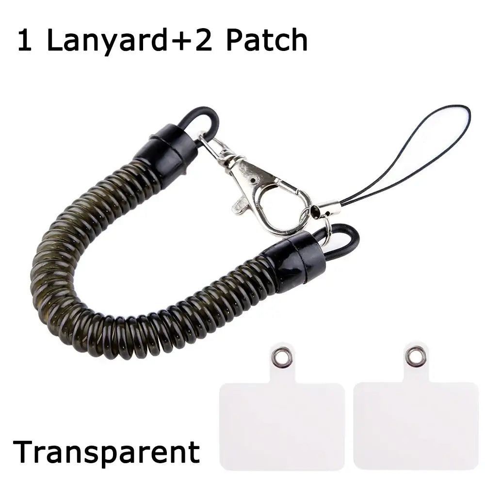 Anti-theft spring lanyard phone strap with detachable clip and two transparent patches for secure attachment