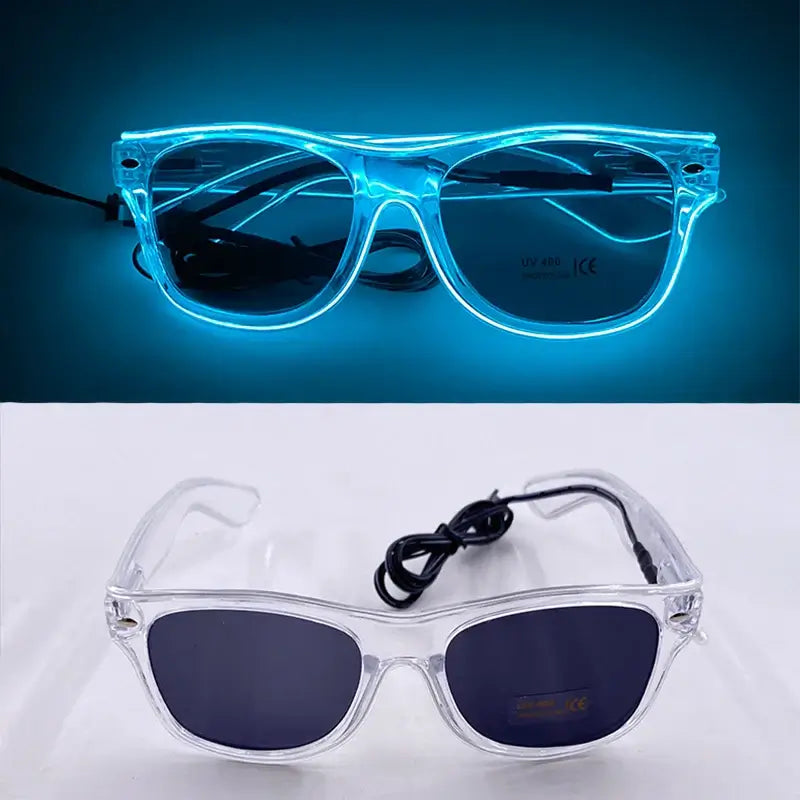 LED glowing glasses with neon blue EL wire design, perfect for parties and celebrations, shown in both lit and unlit modes.