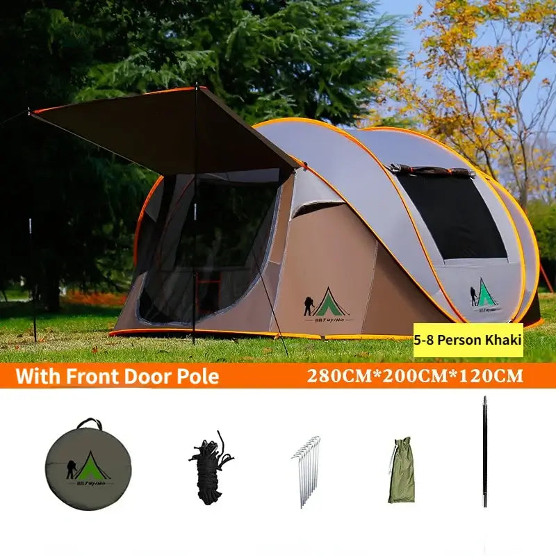 Ultralight automatic pop-up camping tent for 5-8 people with front door pole, showcasing setup and included accessories.