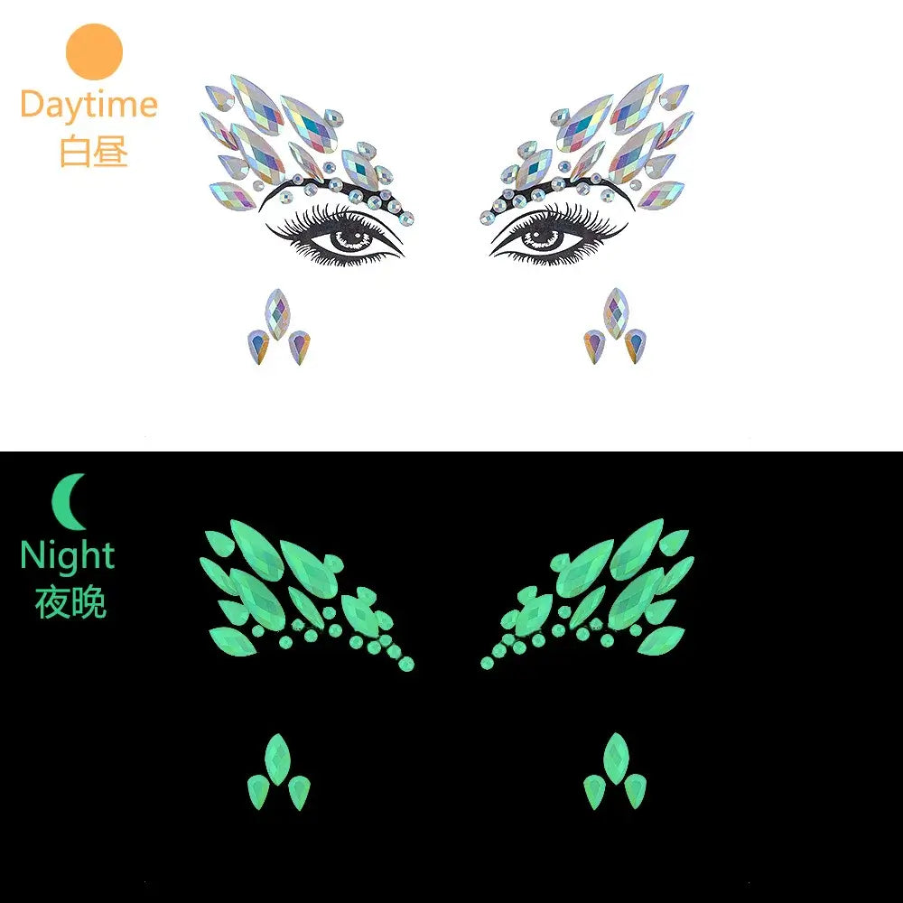 3D Glowing Rhinestone Face Stickers showing daytime sparkle and glowing effect at night, ideal for festival makeup.