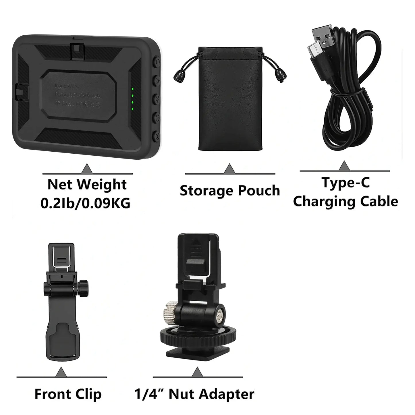 Portable LED Selfie Light accessories including Type-C cable, storage pouch, front clip, and 1/4" nut adapter.