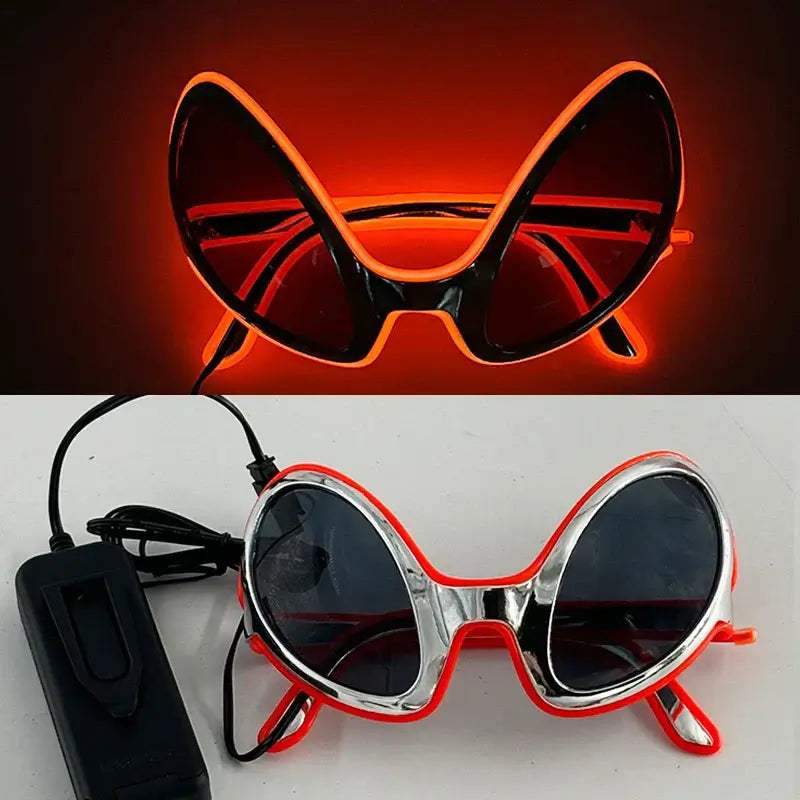 Glowing LED glasses with vibrant EL wire design in orange, perfect for parties and celebrations, battery-powered for lasting fun.